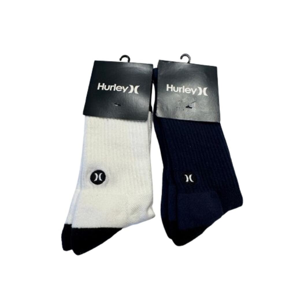 Hurley Block Party Crew Socks‎ 2 Pair Bundle White Obsidian Navy Mens Large 8-12